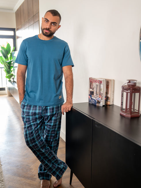 Men summer pajama set Petroleum T-shirt + Navy X Petroleum Plaid Pants